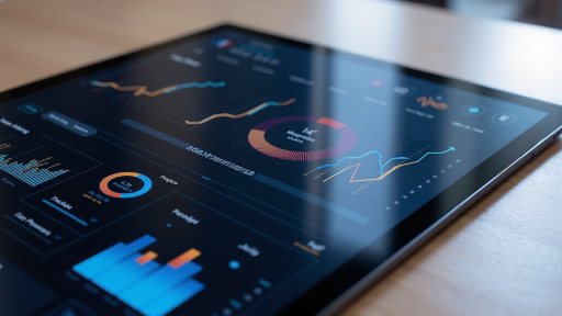 数据分析仪表板界面,显示各种图表和数据可视化,商业智能风格,现代化设计